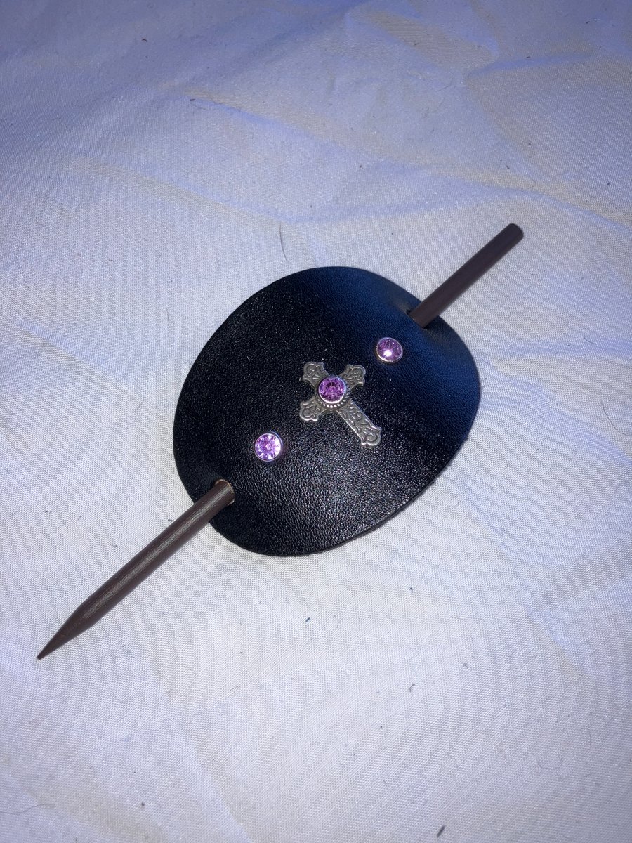 Black Leather HairStick Barrette w Cath Cross centre w 3 Purple Gems - FREE SHIP