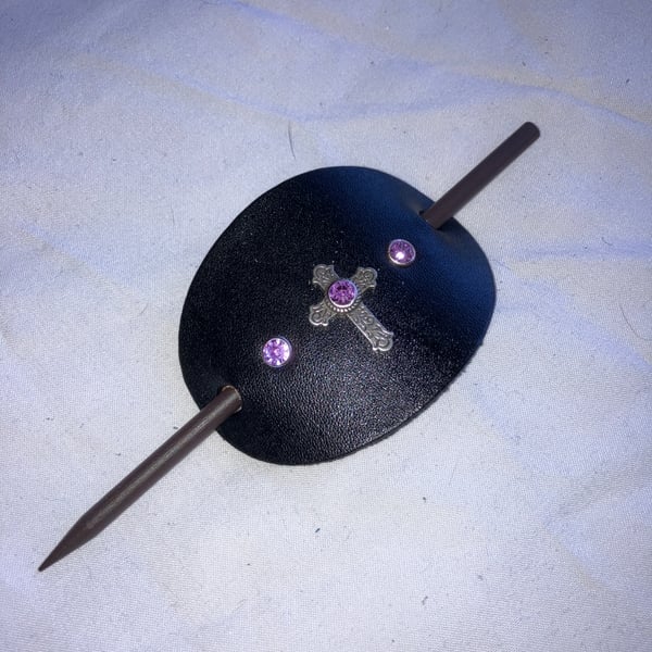 Black Leather HairStick Barrette w Cath Cross centre w 3 Purple Gems - FREE SHIP