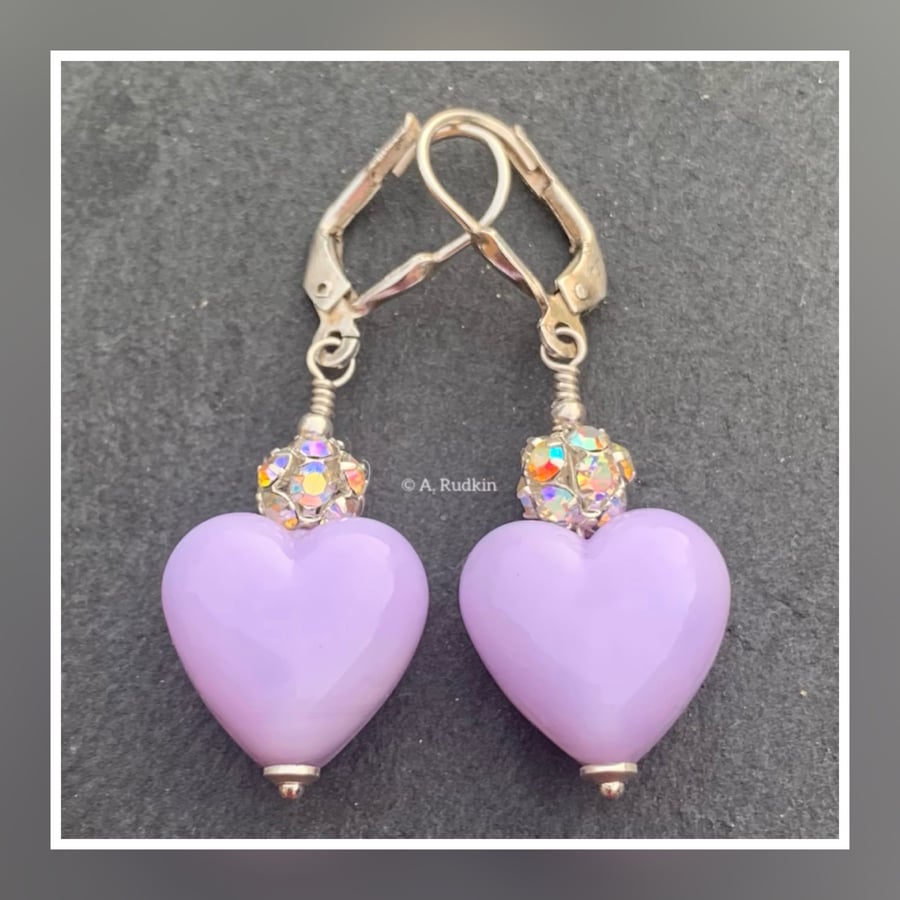 lampwork glass beads - rhinestone crystal - heart earrings - by amanda rudkin 
