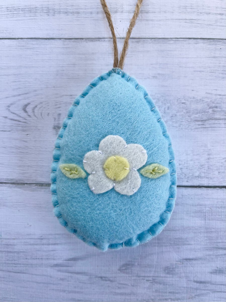Hand sewn Easter Egg felt hanging decoration - blue flower