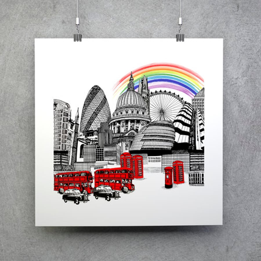 Square 10 x 10 inch London Rainbow Edition Skyline Print- Limited Edition