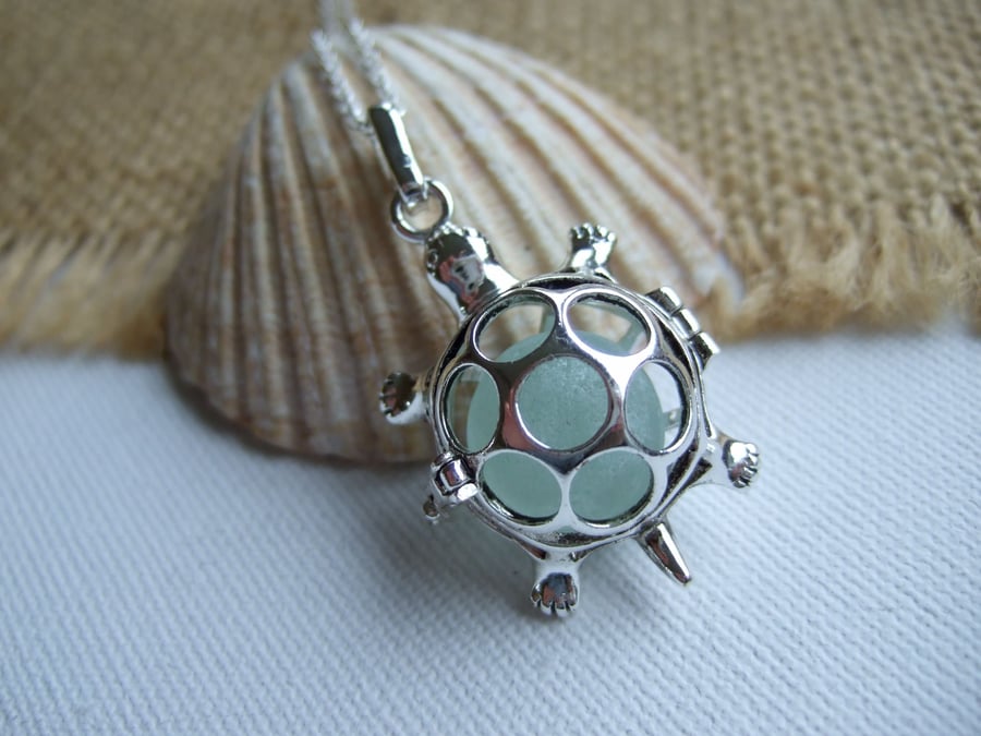 Sea glass marble turtle necklace, silver plated turtle pendant, codd sea glass