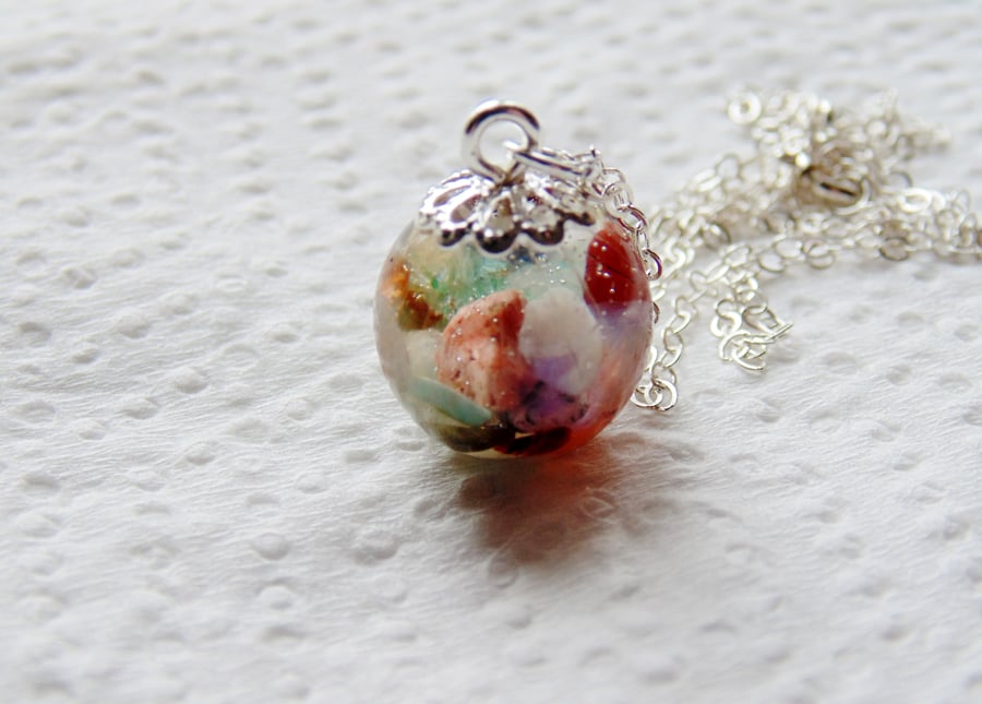 Gemstone Resin Orb Necklace on Sterling Silver Chain