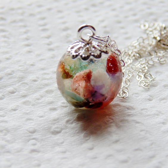 Gemstone Resin Orb Necklace on Sterling Silver Chain