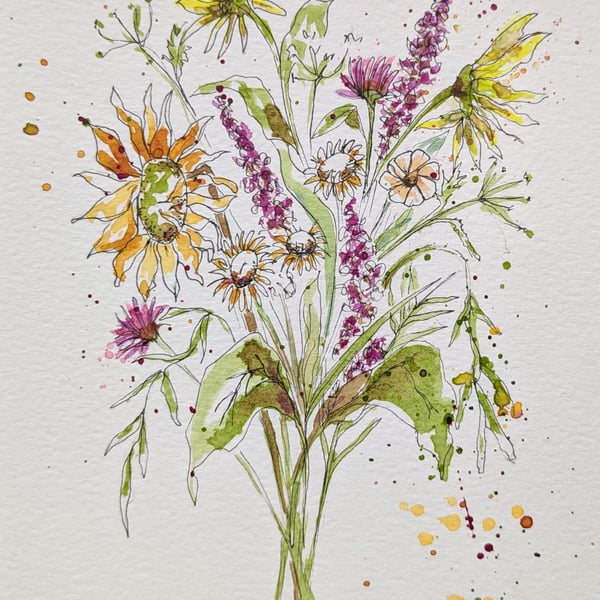 Wildflower bouquet, framed original watercolour painting 