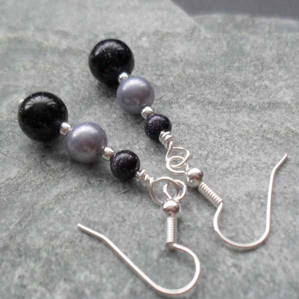 Blue Goldstone and Shell Pearl Dangle Earrings