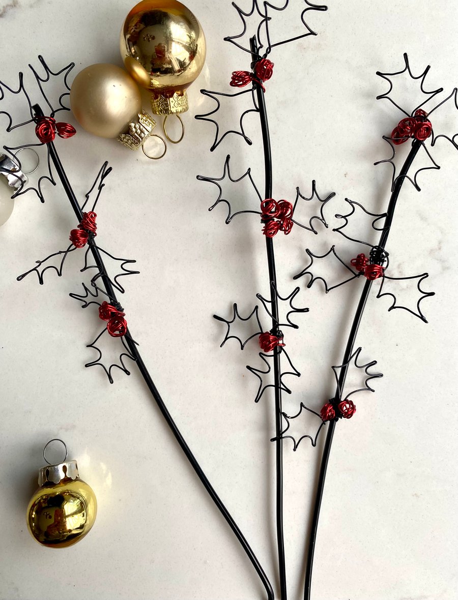 Wire Holly Berries Branch