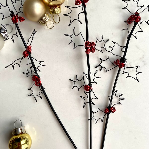 Wire Holly Berries Branch