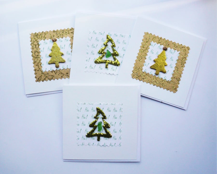 Green and Gold Christmas Tree Sea Glass Shell  Christmas Cards  Pack of 4