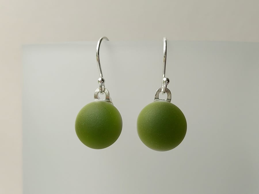 Apple green glass drop earrings, sterling silver earwires