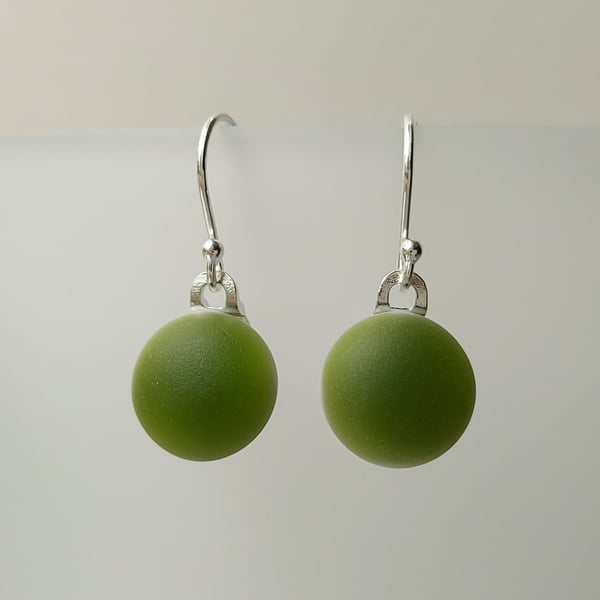Apple green glass drop earrings, sterling silver earwires