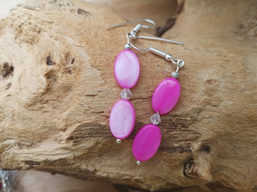 Pink Oval shell pearl dangle earrings with crystals