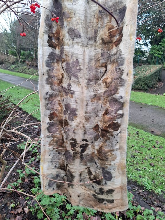 hand made eco printed felted wool scarf