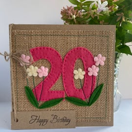 20th Handmade Birthday Card from felt. Keepsake Card. Textile card.