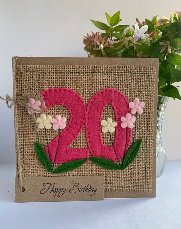 20th Handmade Birthday Card from felt. Keepsake Card. Textile card.