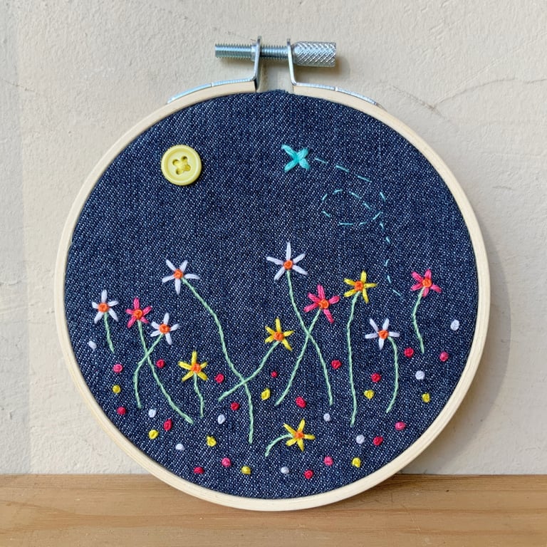 Recycled Denim. Embroidered Hoop. Wildflowers. Gardening. Meadows. Flowers. 