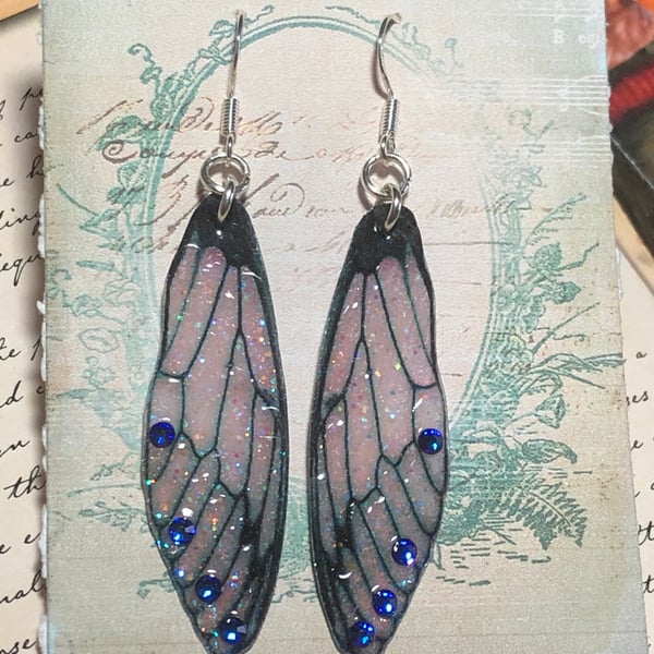 Black Fairy Wing Earrings With Purple Swarovski Sterling Silver