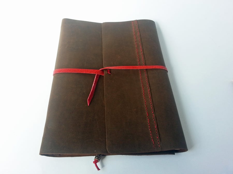 A5 Leather Notebook Cover for Three Notebooks. Walnut brown leather. 