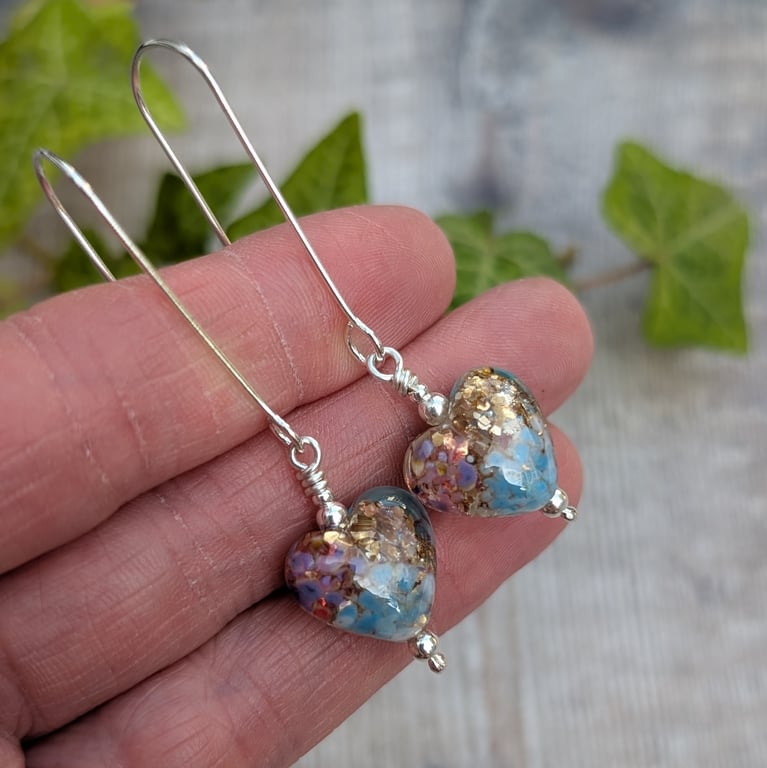 Sterling Silver Golden Fantasy Lampwork Glass Heart Long Earrings - JBJ1117
