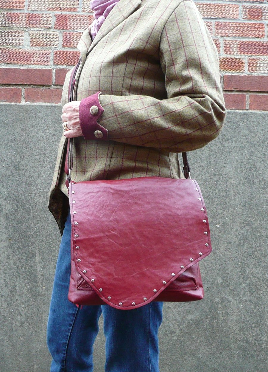 Leather crossbody bag deep red leather shoulder bag with poppy lining and rivets