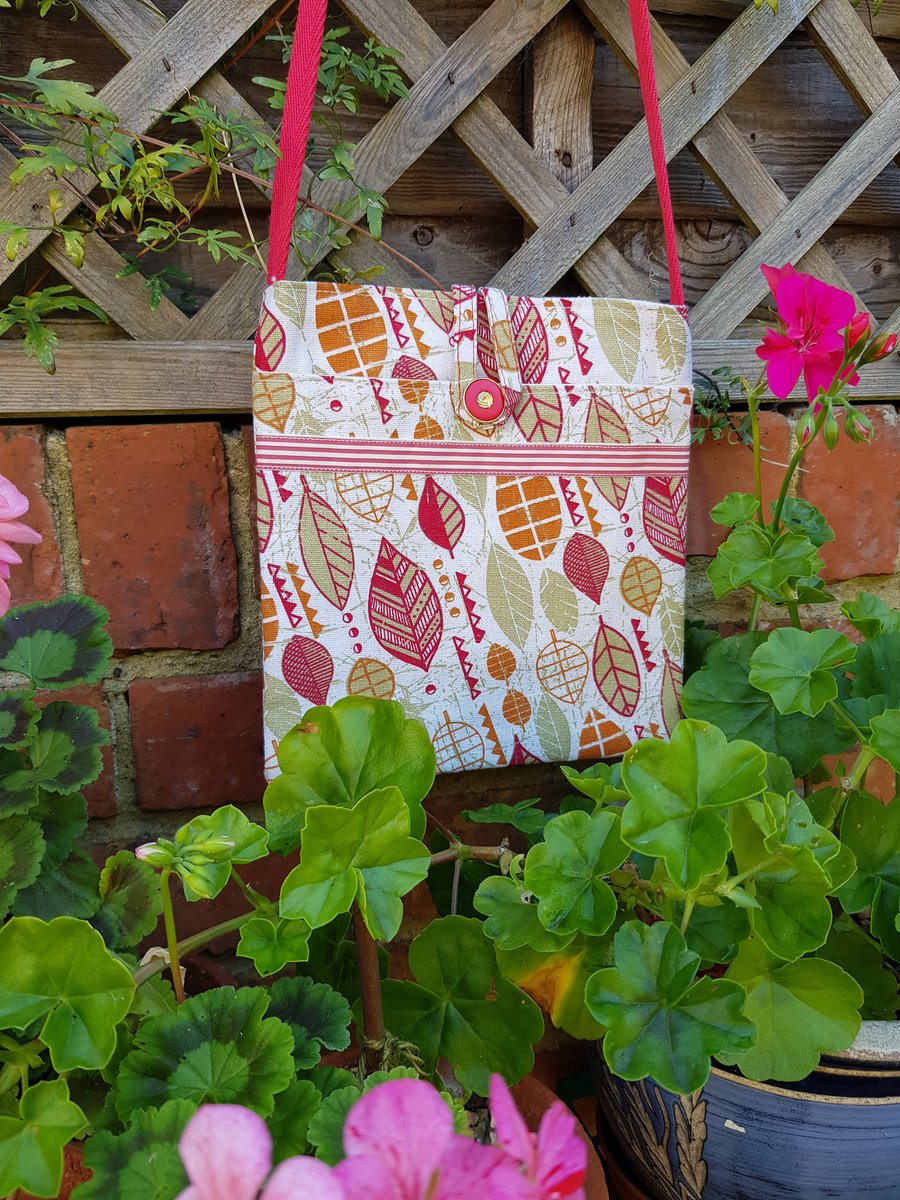 Fabric crossbody bag:  leaf design with ribbon embellishment & vintage button 