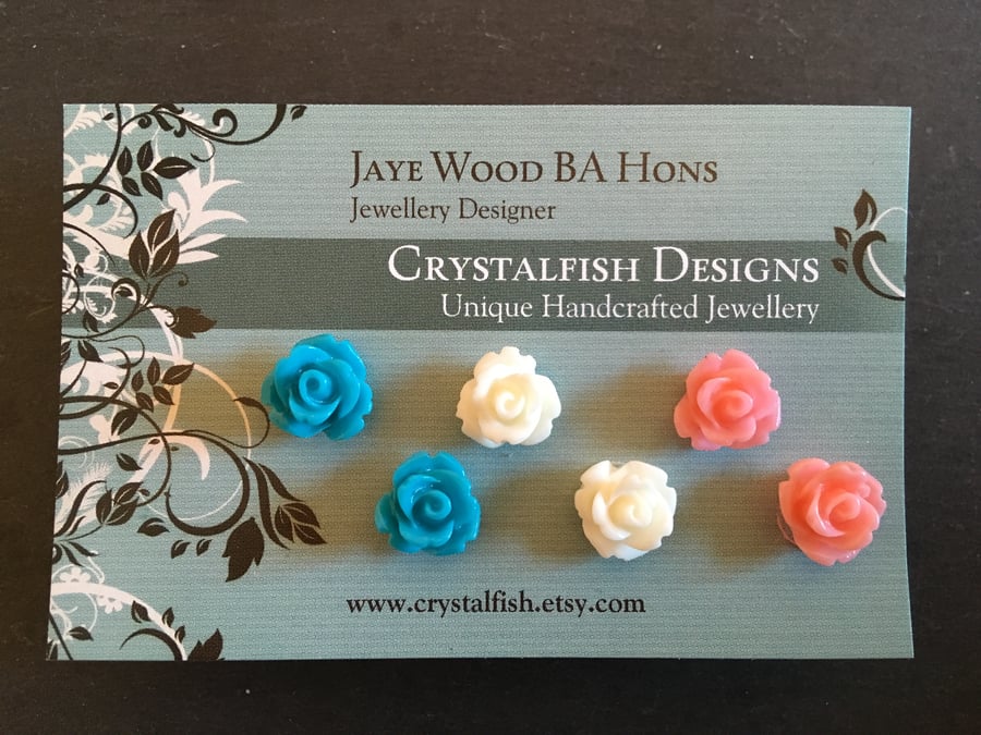 Rose earring trio teal ivory and salmon