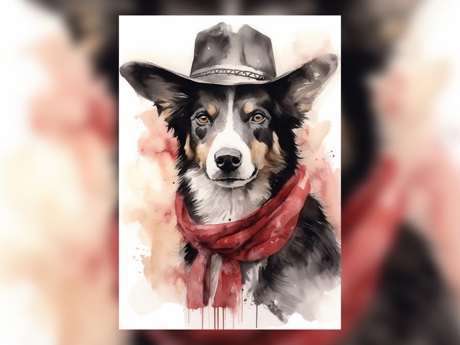 Black and White Dog in Cowboy Hat and Red Scarf, Watercolor Painting Print 5"x7"