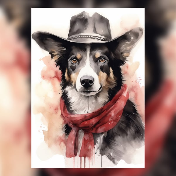 Black and White Dog in Cowboy Hat and Red Scarf, Watercolor Painting Print 5"x7"