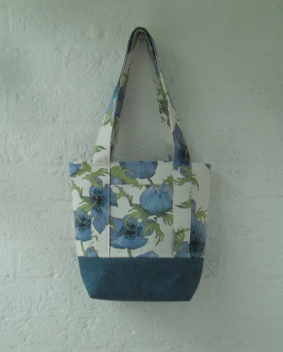 Tote bag with long handles blue floral and denim