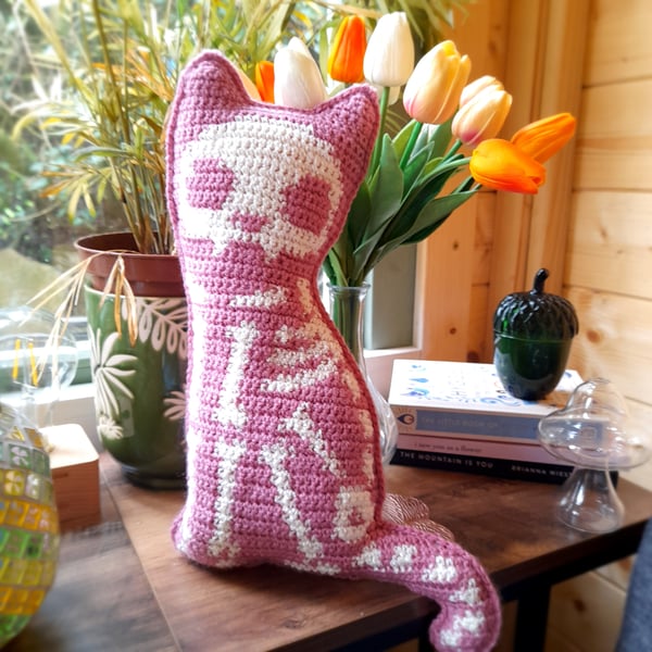 Spooky Cat Mini Cushion - Pink with sparkling bones