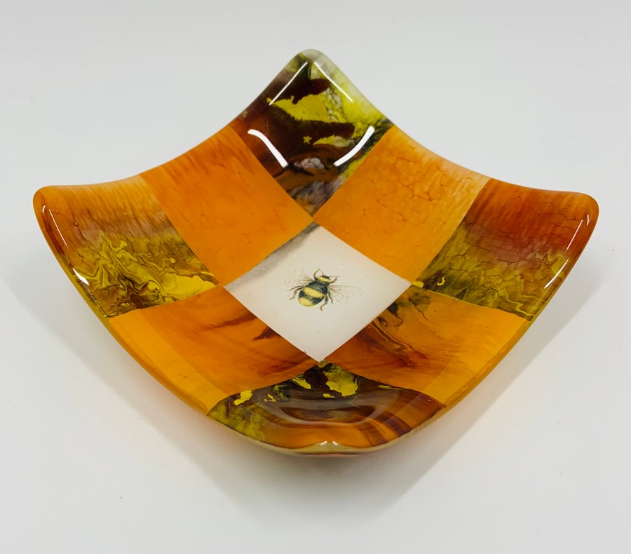 Beautiful Patchwork Fused Glass and Enamel hand painted trinket dish.