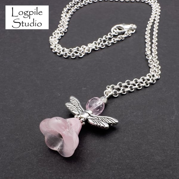 Pink and Silver Fairy or Angel Pendant Necklace