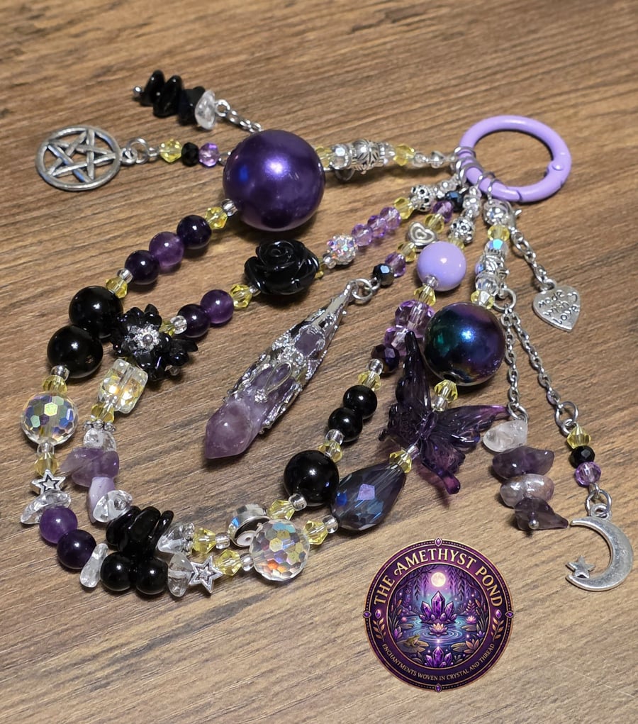 Handcrafted Amethyst Obsidian Phone Charm, Whimsical Witchy Bag Accessory