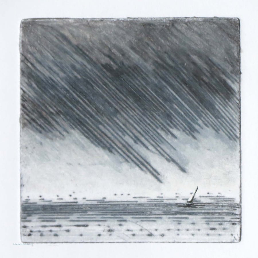 Sailing in the storm drypoint and coloured pencil coastal art