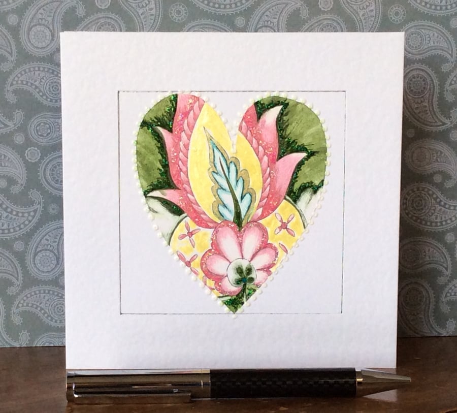 Flowered hand painted heart Art Card. 