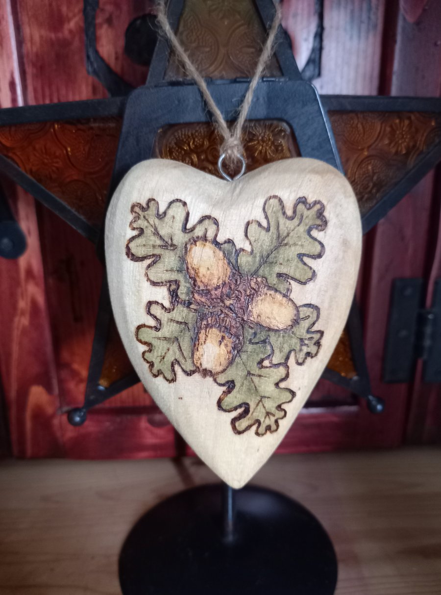 Pyrography wooden acorn & oak leaf heart decoration