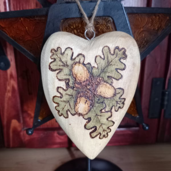 Pyrography wooden acorn & oak leaf heart decoration