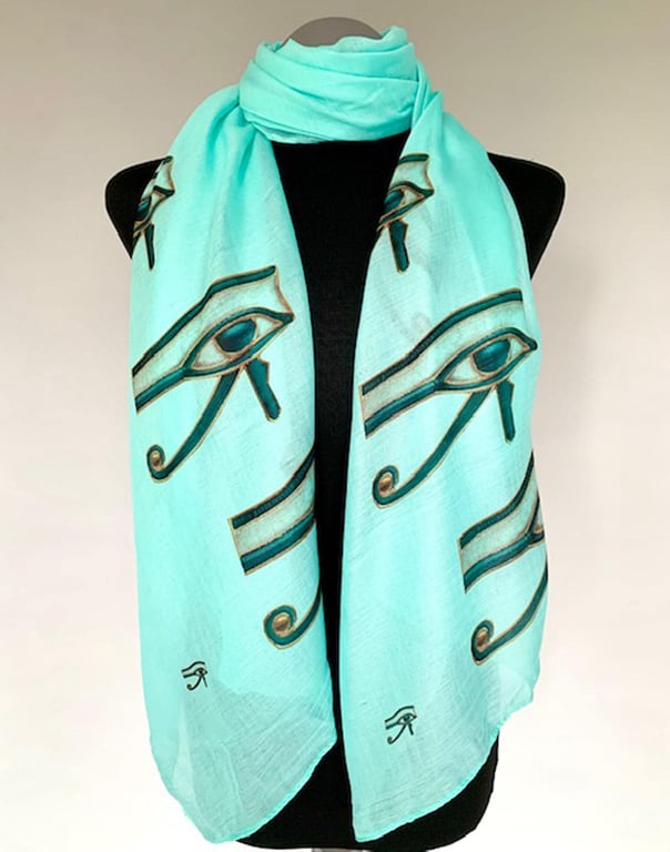 Egyptian Eye of Horus Scarf Spiritual Protection Gift. Aqua, Lightweight