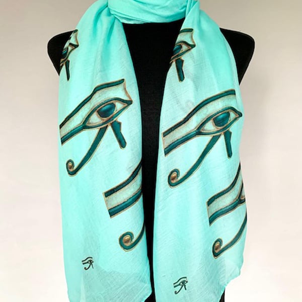 Egyptian Eye of Horus Scarf Spiritual Protection Gift. Aqua, Lightweight