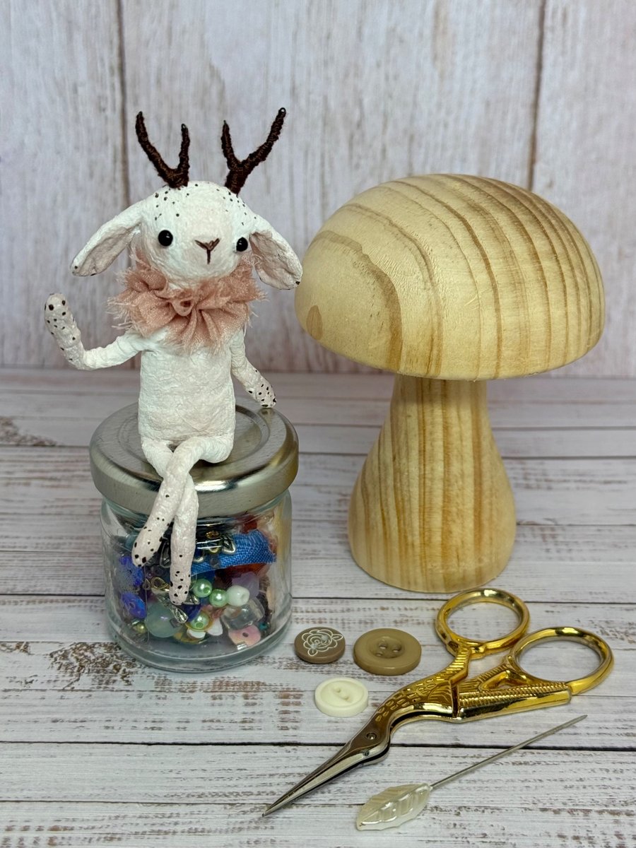 Spun Cotton Sitting Jackalope Art Doll White