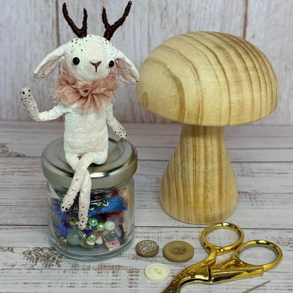 Spun Cotton Sitting Jackalope Art Doll White