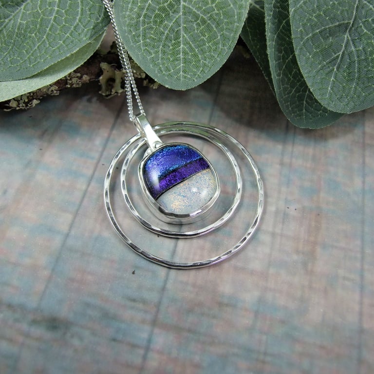 Circles Necklace. Recycled Sterling and Dichroic Glass Spinner Pendant