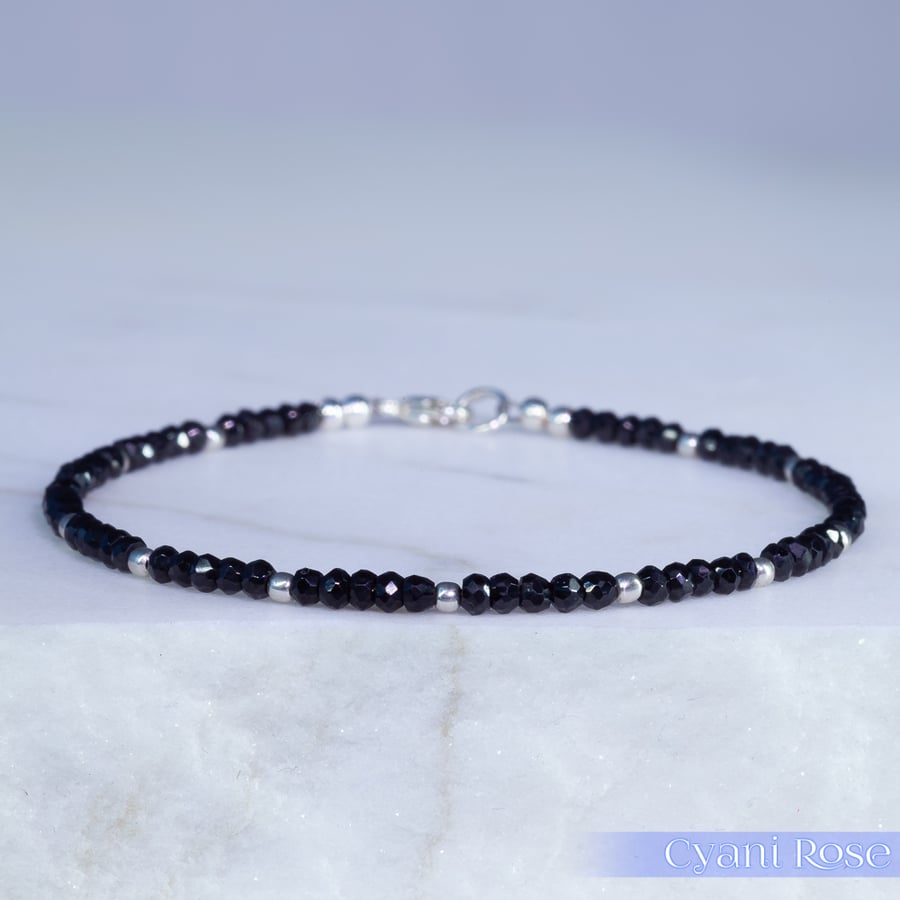 Dainty handmade black spinel and sterling silver lobster clasp bracelet
