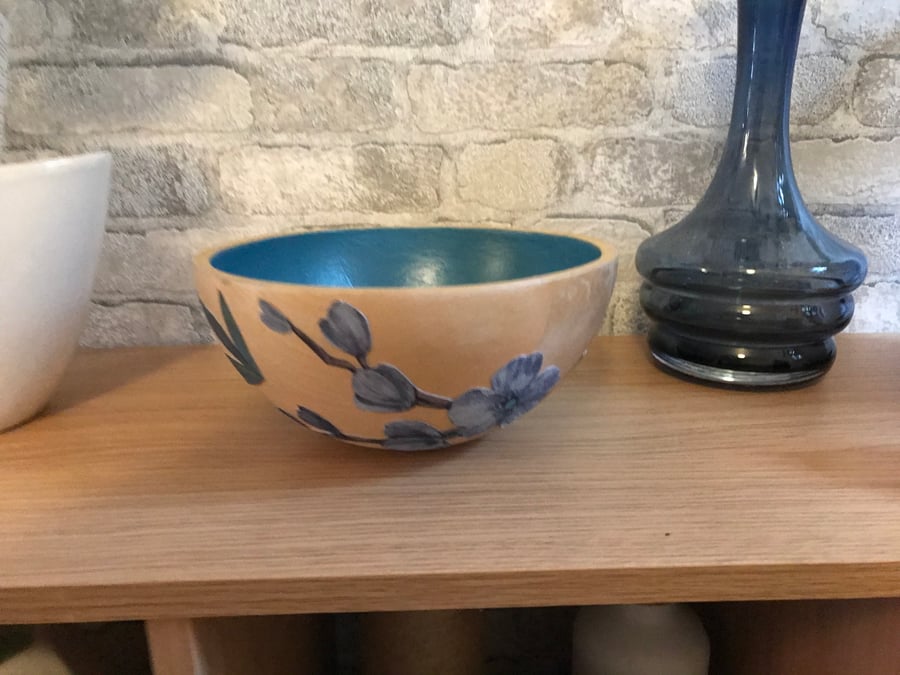 Upcycled Blue Flowers Wooden Bowl