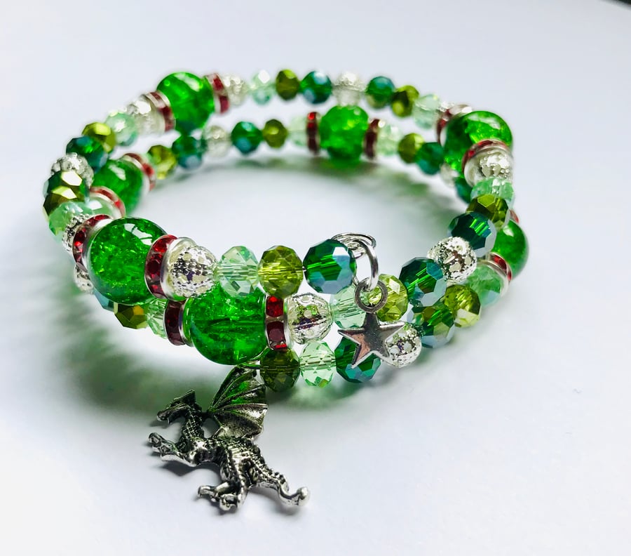 Emerald Green Dragon Beaded Memory Wire Bracelet