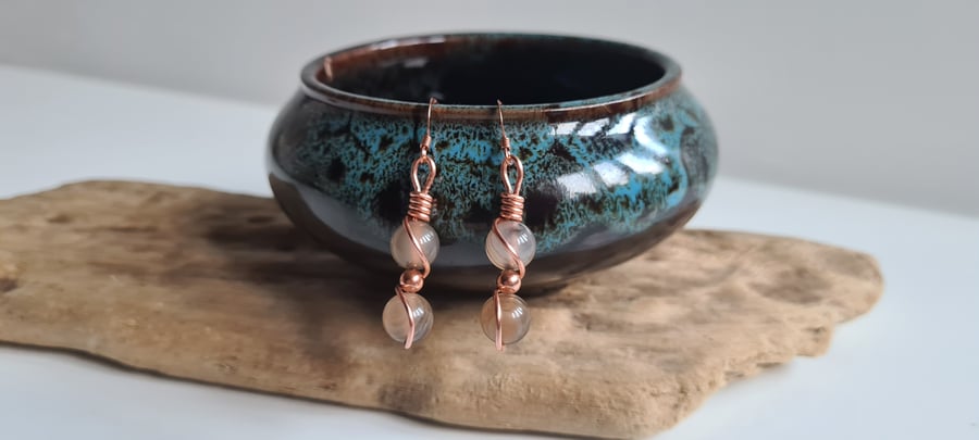 Handmade Natural Gorgeous Brown Banded Agate & Copper Earrings Gift Boxed