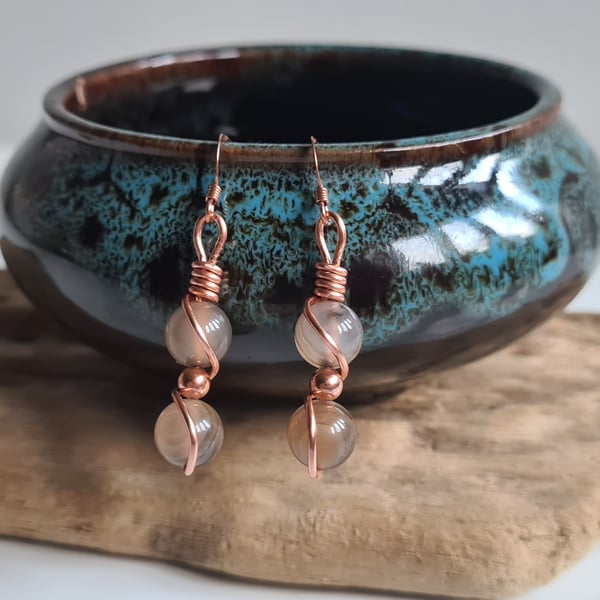 Handmade Natural Gorgeous Brown Banded Agate & Copper Earrings Gift Boxed