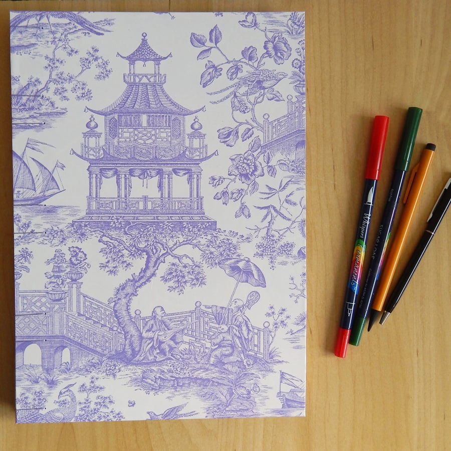 A4 Large Sketchbook Journal. Chinese Pagoda Design in Lilac and White.  