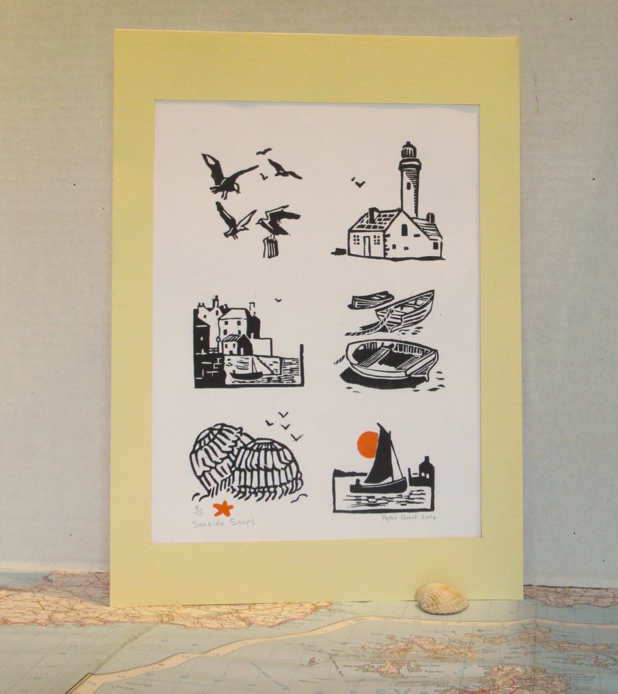 Seaside Snaps. Six linoprints on one poster!