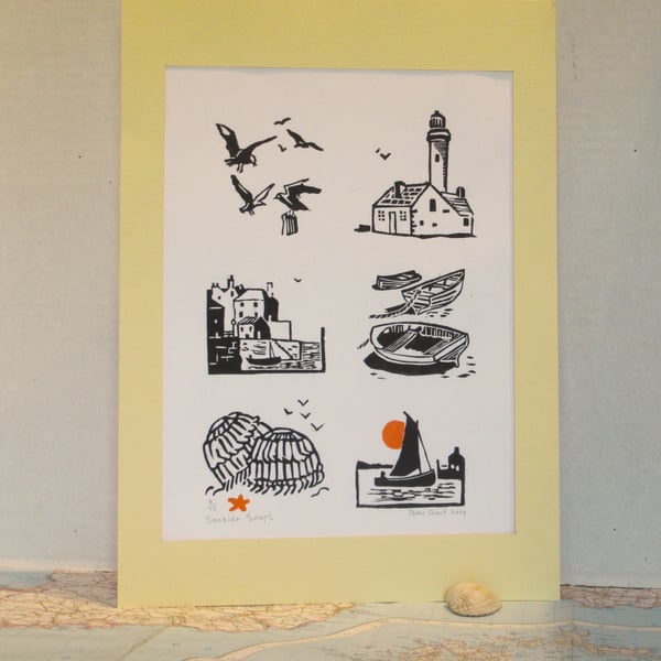 Seaside Snaps. Six linoprints on one poster!